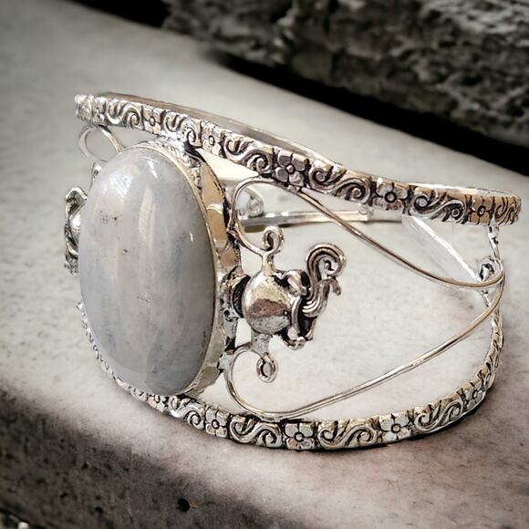 Elegant Moonstone Floral Cuff Bracelet in Sterling Silver - Picture 1 of 10
